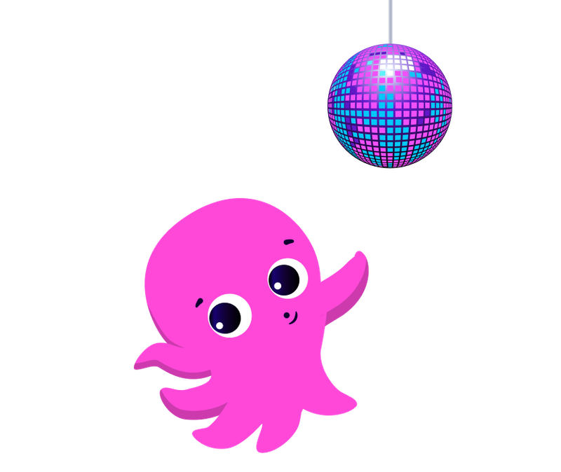 Our mascot Constantine dancing under a disco ball