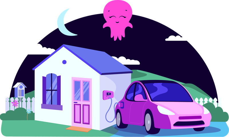 An illustration of a car charging at night with a cute pink octopus floating above