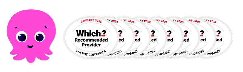 Constantine the pink octopus with nine Which award logos