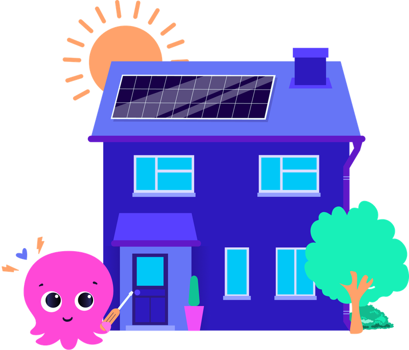 A pink octopus in fromt of a home with solar panels