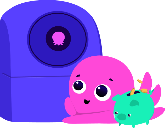 Constantine the pink octopus lying next to a blue heat pump, with a green piggy bank next to him.