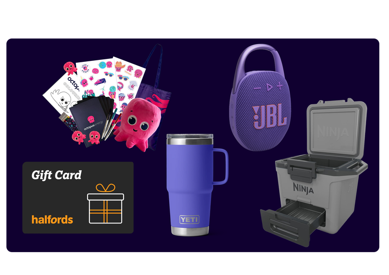 A Ninja cooler box ready for EV road trips, a YETI travel mug to kickstart your commute, a £50 Halfords voucher for car essentials, a JBL Clip 5 speaker to bring the tunes, and an Octopus goody bag packed with treats