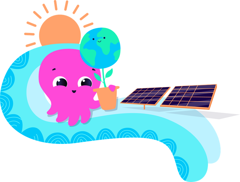 A pink octopus on a wave with solar panels