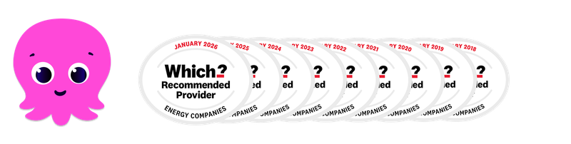 Constantine the pink octopus with nine Which award logos