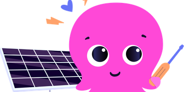 a pink octopus holding a screwdriver next to a solar panel