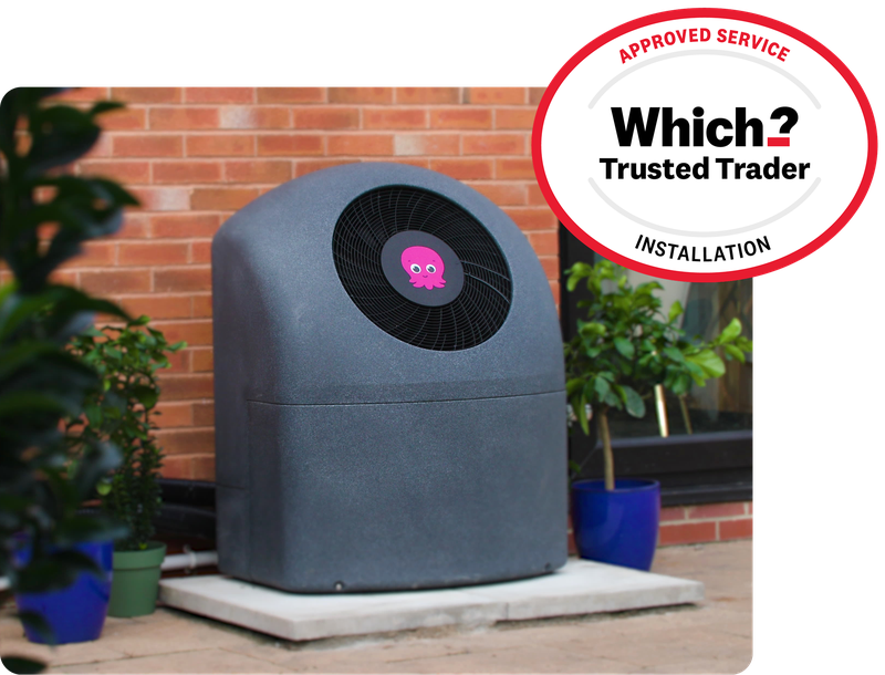 A photo of a Cosy Heat Pump with Which? award logo ontop