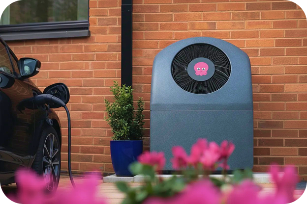 Cosy heat pump next to an EV being charged