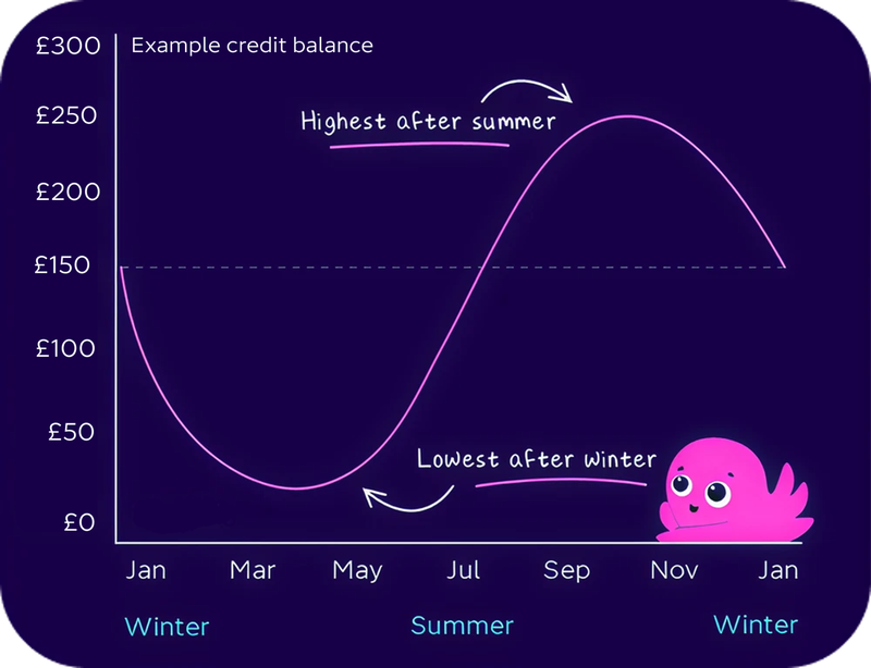 An image of a typical energy balance over the course of a year, at its highest at the end of summer and lowest at the end of winter
