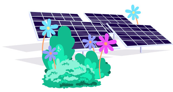 Solar panels with flowers blooming in front of them