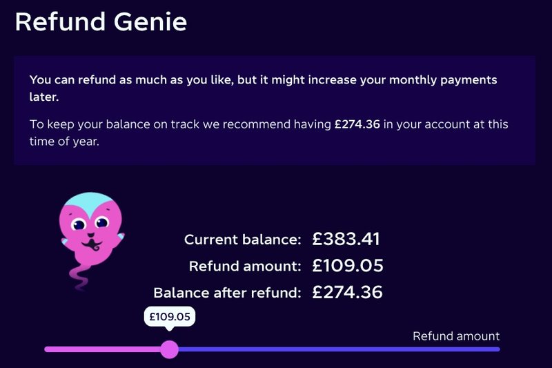 An image of our refund genie, recommending that a customer with £383 balance at the start of January should take a £109 refund from their account