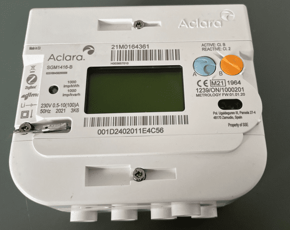 An image of an aclara electric meter, with an a button and a b button on the right of the meter