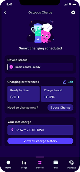 A screenshot of the Octopus app showing the device connection success screen.