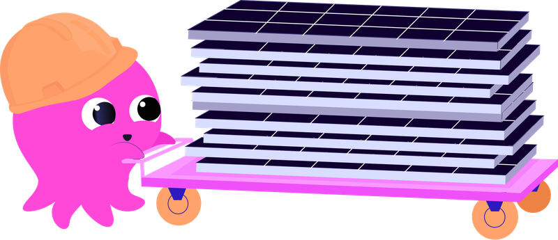 A pink octopus pushing a cart with solar panels on it