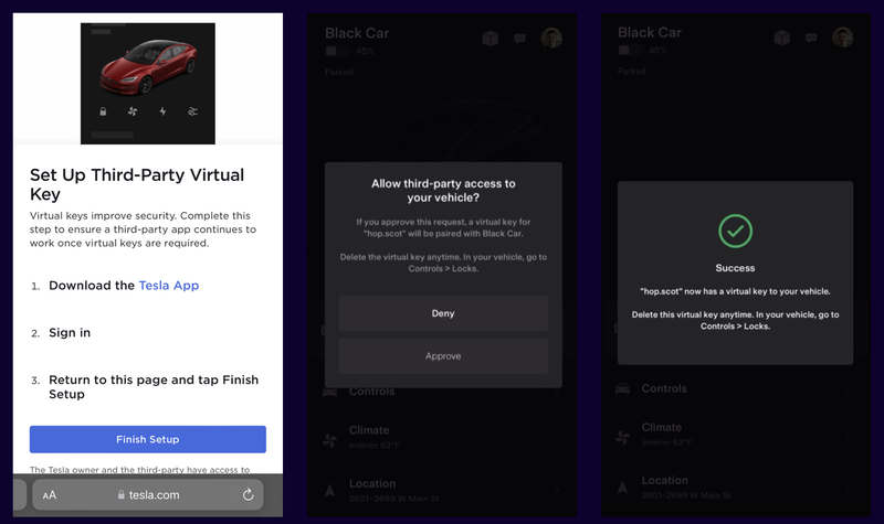 A screenshot of the Tesla app to add a Virtual Key