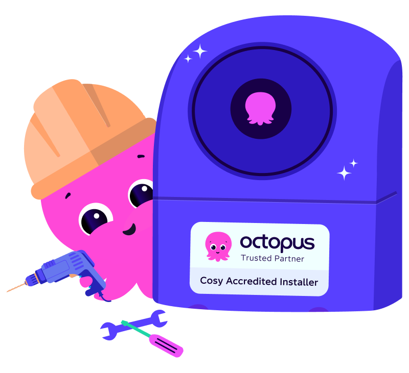 A pink Octopus installing a Cosy heat pump with the label "Cosy Accredited Installer"
