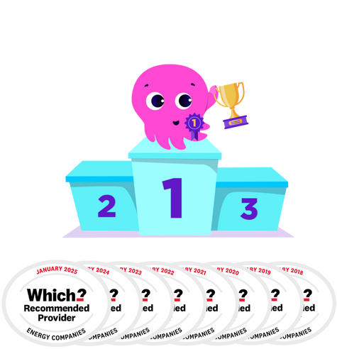 A bright pink octopus holding a trophy above 8 Which? awards