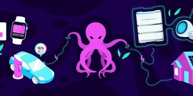 Illustrated Kraken mascot reaching out to electronics and cars