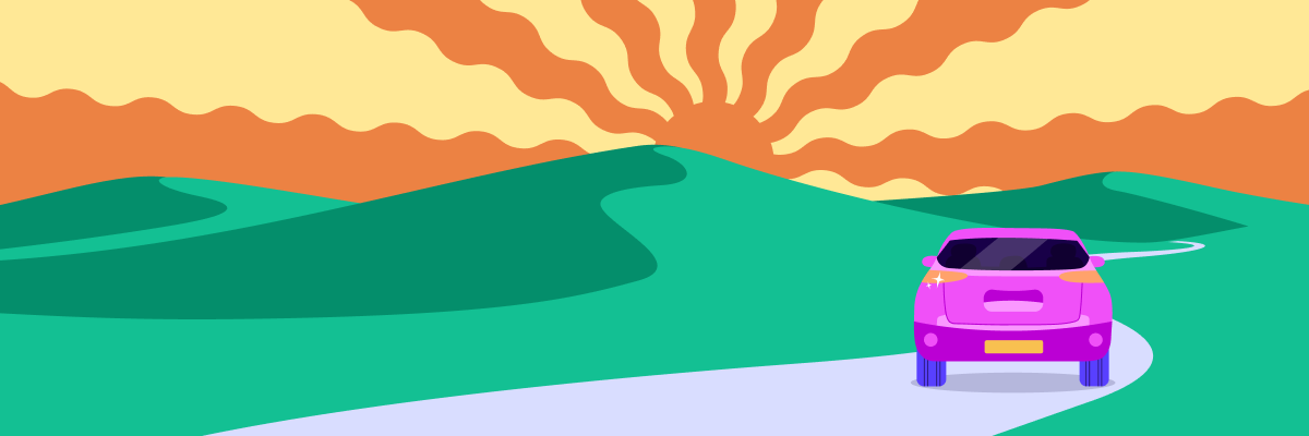 An illustration of an EV driving down a road with rolling hills and a sunset