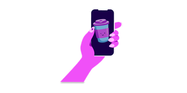 Hand holding a mobile phone with a coffee cup on screen
