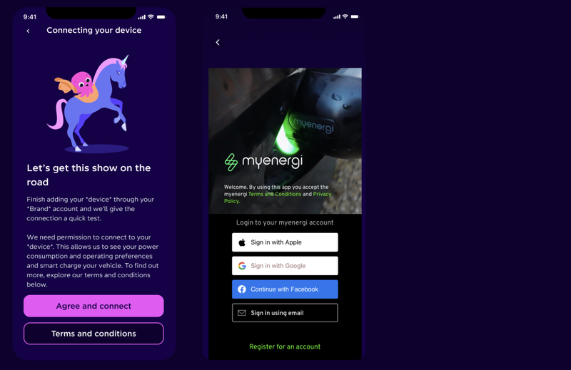 A screenshot of the Octopus app showing the myenergi auth screen