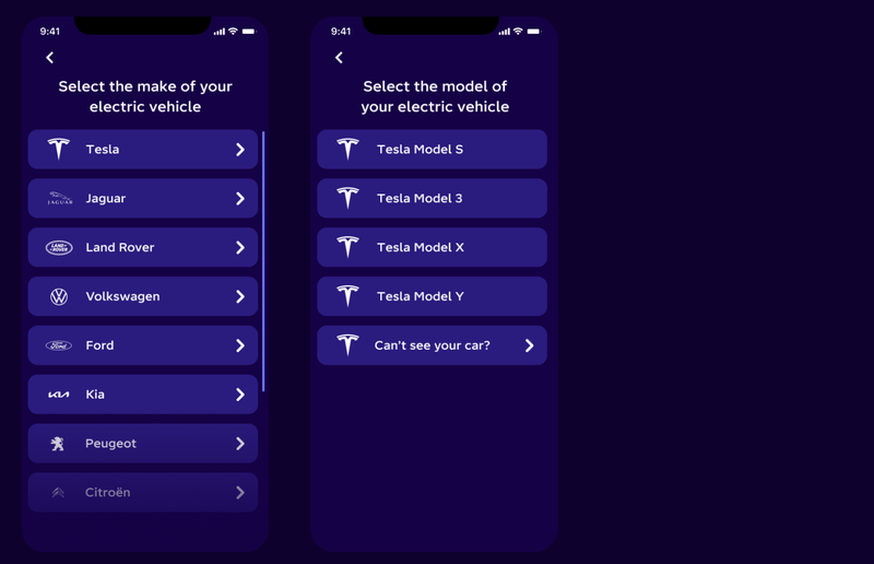 A screenshot of the Octopus app showing the EV make & model options