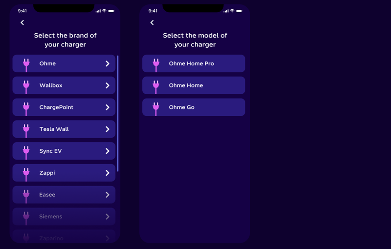 A screenshot of the charger selection page