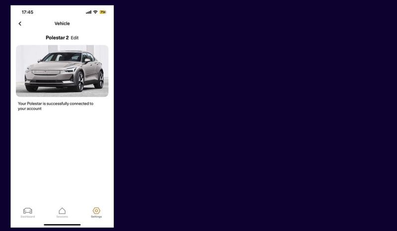 A screenshot of the Polestar Energy app showing a Polestar connected.