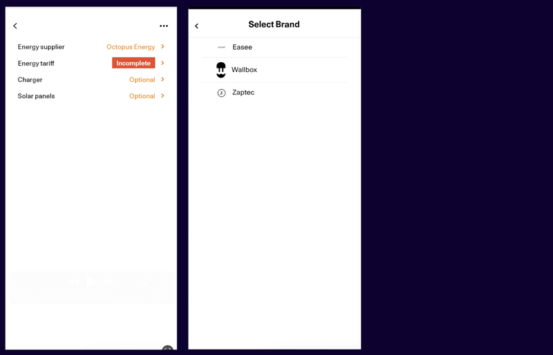 A screenshot showing the charger brand selection screen.