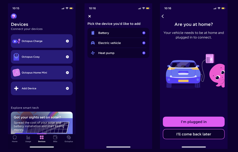 A screenshot of the devices tab on the Octopus Energy app