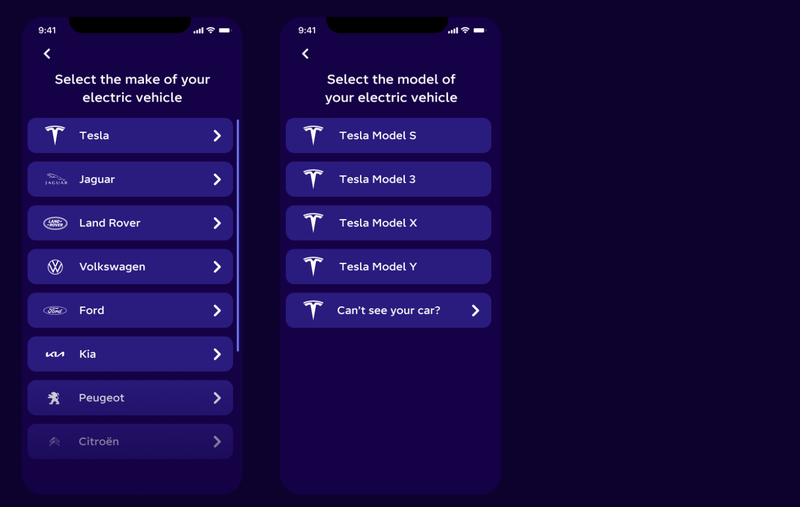 A screenshot of the EV make and model selection screen in the Octopus Energy app