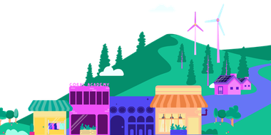 Image of houses and a river on a green hill