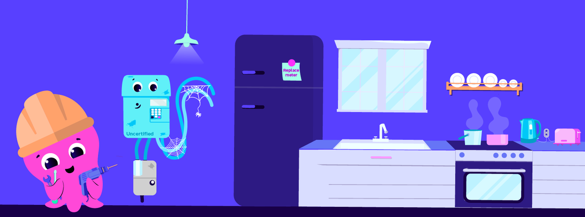 kitchen scene, with old uncertified meter and a constantine engineer ready to replace it