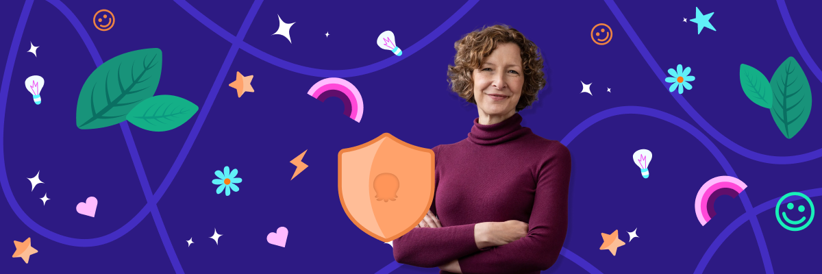 An illustration of Rachel Fletcher with flowers, stars and leaves behind her