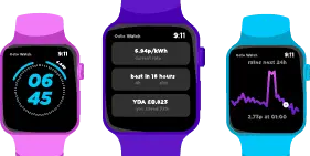 Three colourful smart watches