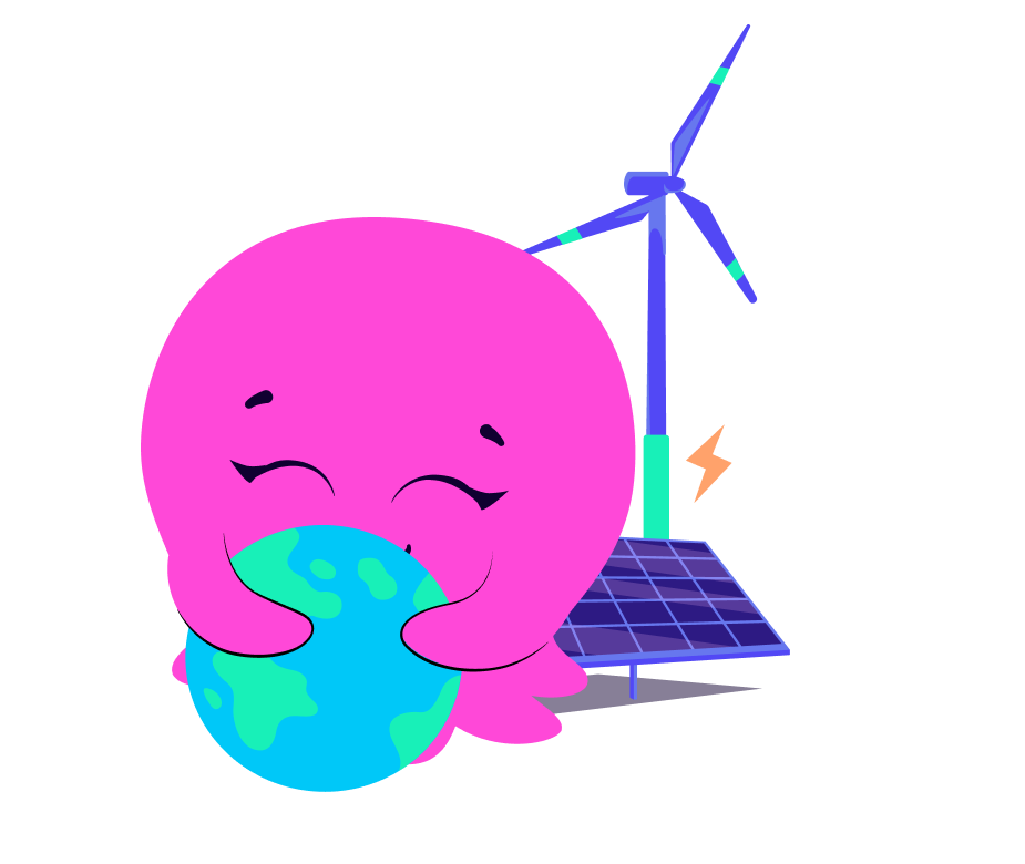 a cute pink octopus hugging a small Earth with a solar panel and wind turbine in the background