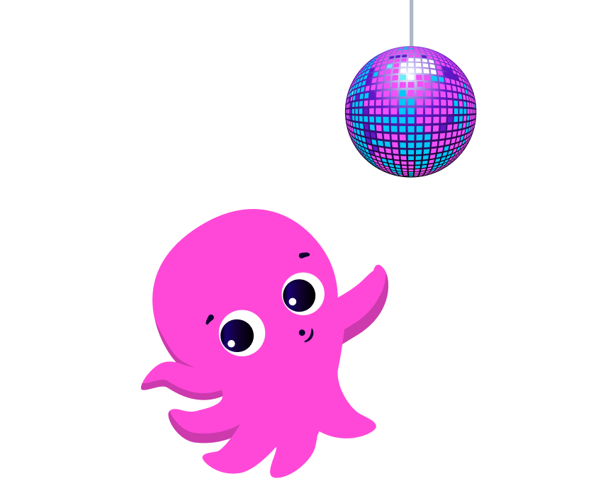 Our mascot Constantine dancing under a disco ball
