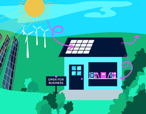 An image of a house with solar panels on the roof and a sign that says 'open for business' outside