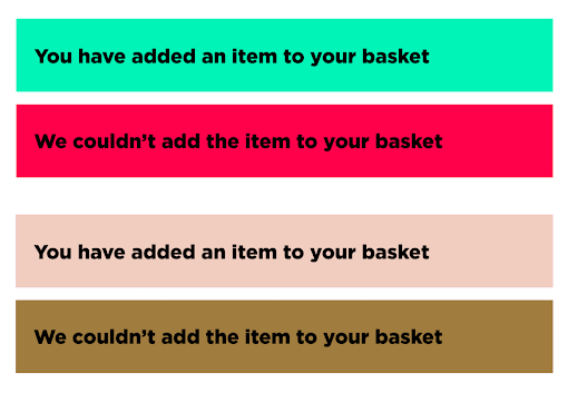 The same two sets of alerts. The first pair are coloured red and green (usually associated with failure and success). The latter both look beige, and are shown as they would be perceived by someone who experiences red-green colourblindness.