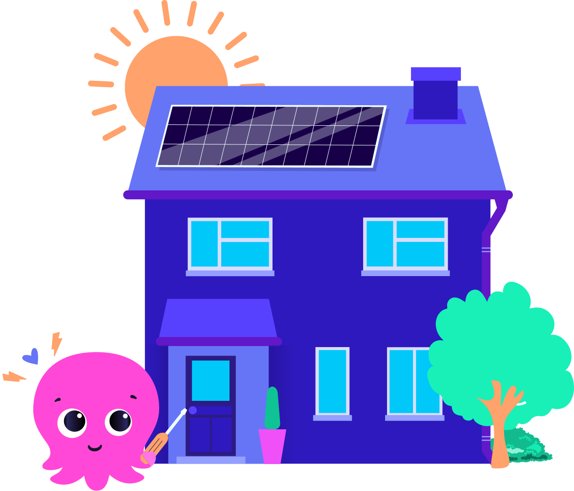 A pink octopus in fromt of a home with solar panels