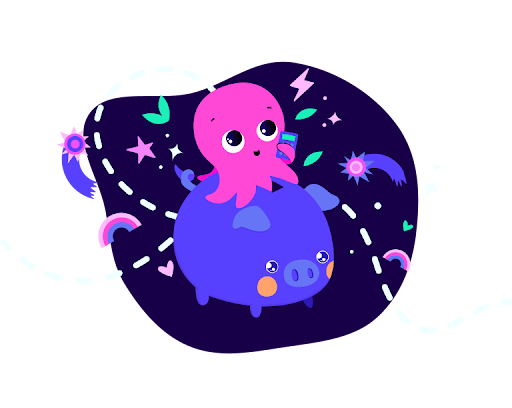 An illustration of a cute pink octopus in glasses