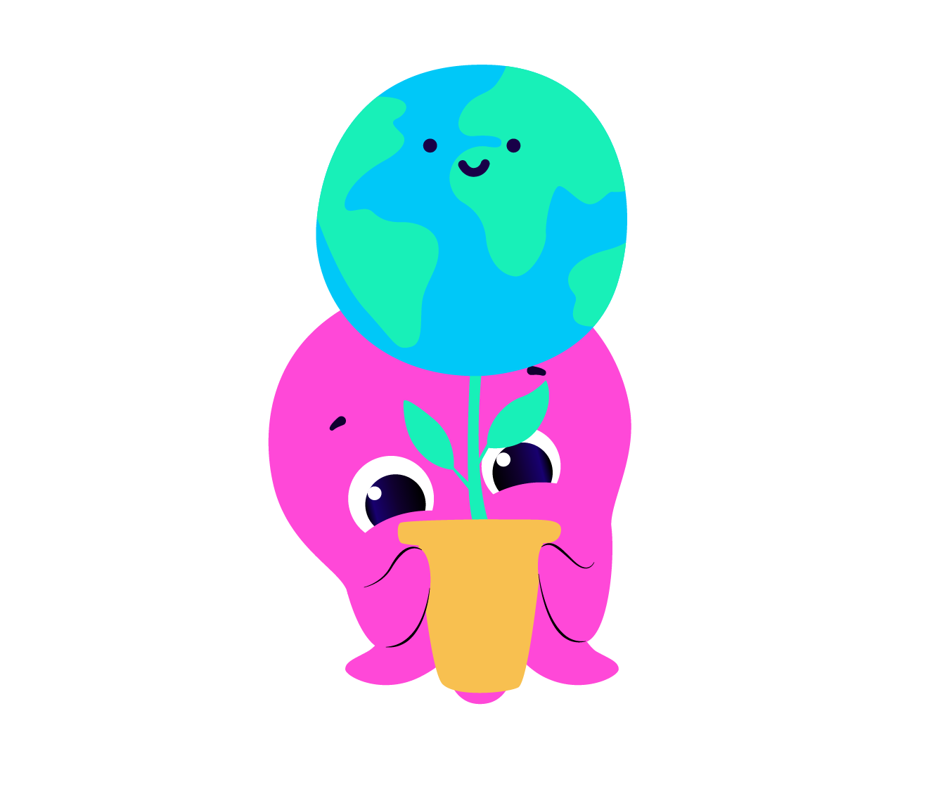Constantine the Octopus holding a planet pot with the world blooming out.