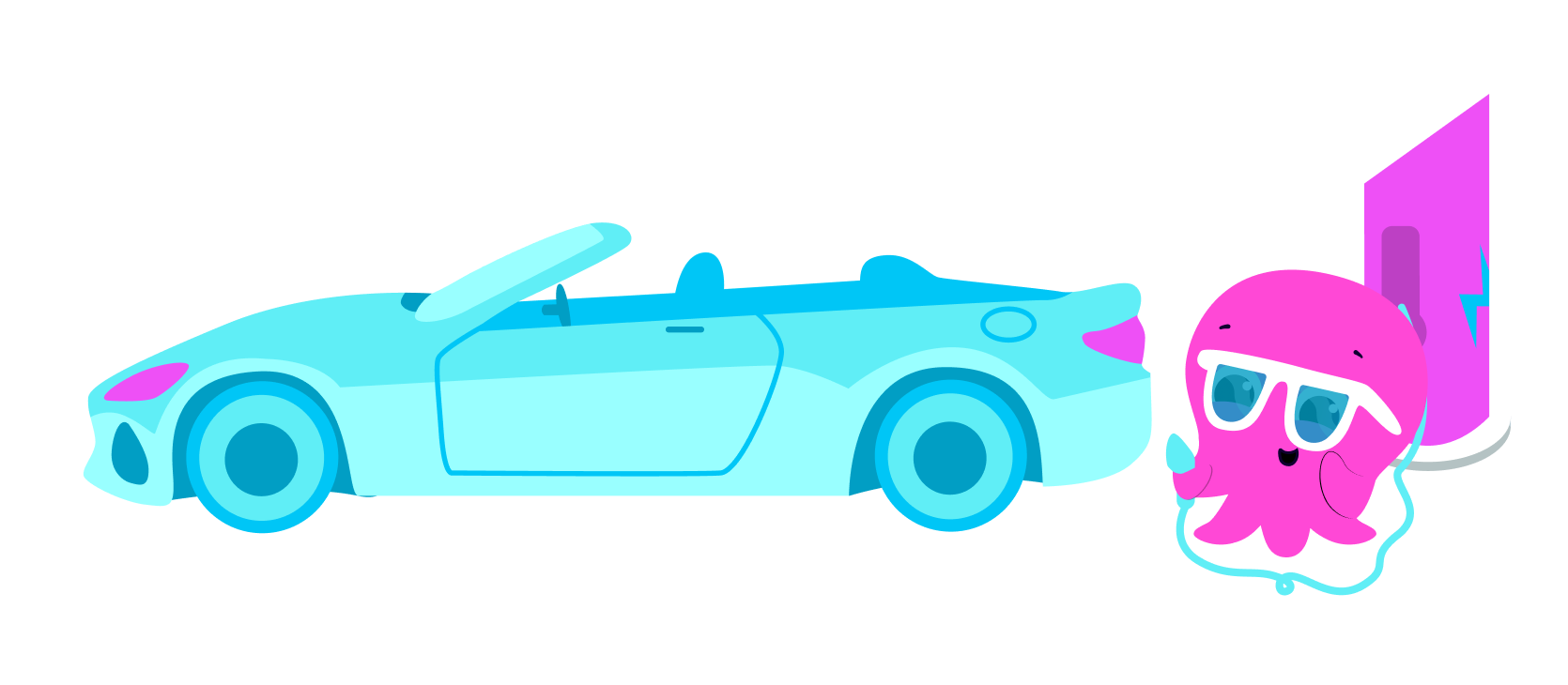 an image of Constantine the octopus charging a car