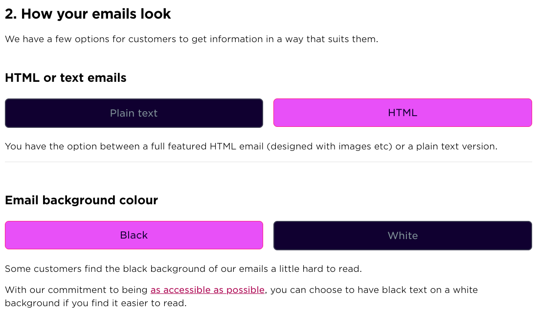 A screenshot showing the communication customisation section of the online account.