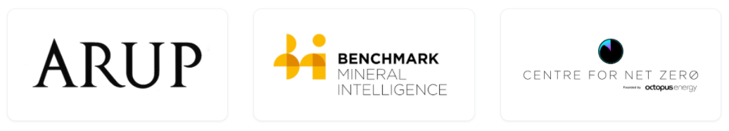 An image of the logos of ARUP Group, Benchmark Mineral Intelligence, and the Octopus Centre for Net Zero