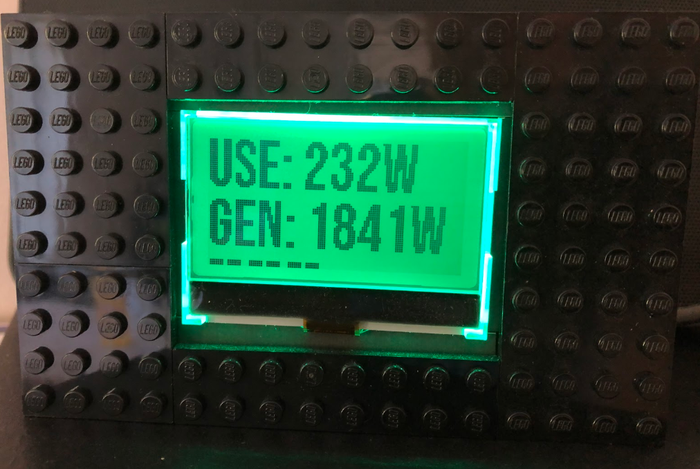 An Image of Mick's in home display, lit up green, and made out of lego