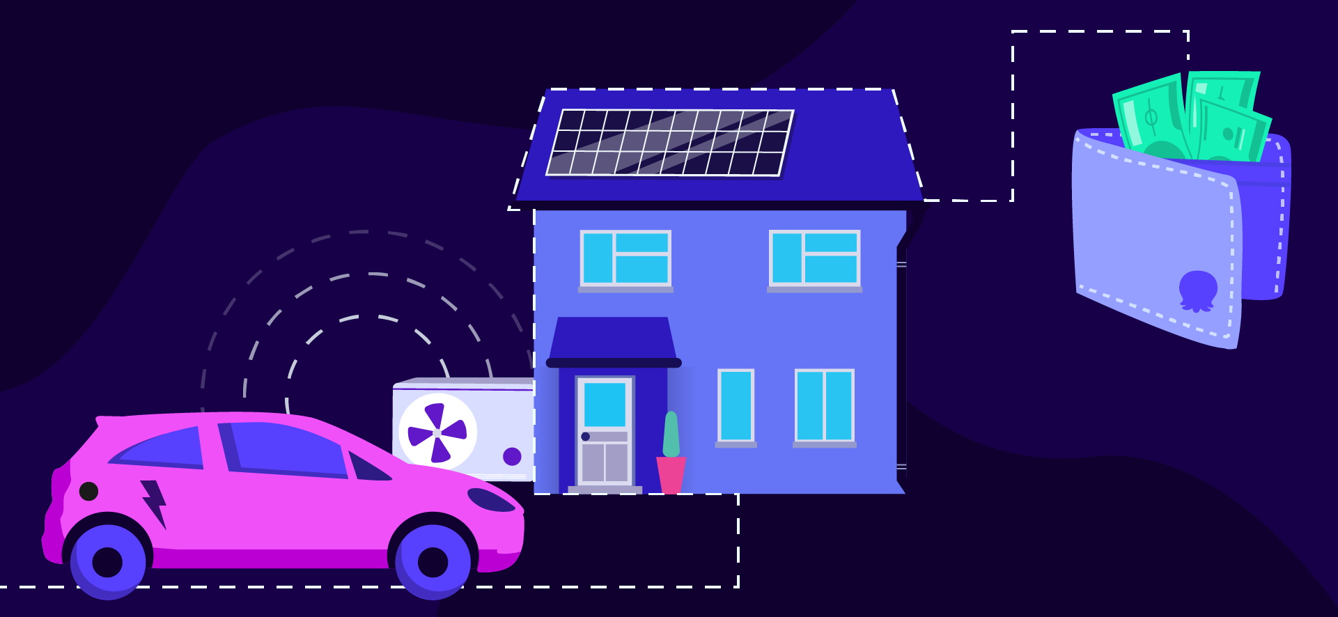 An image of a car parked outside a house with a solar panel and battery