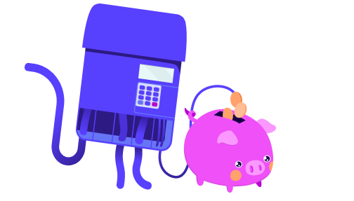 Purple smart meter graphic depositing coins into a pink piggy bank