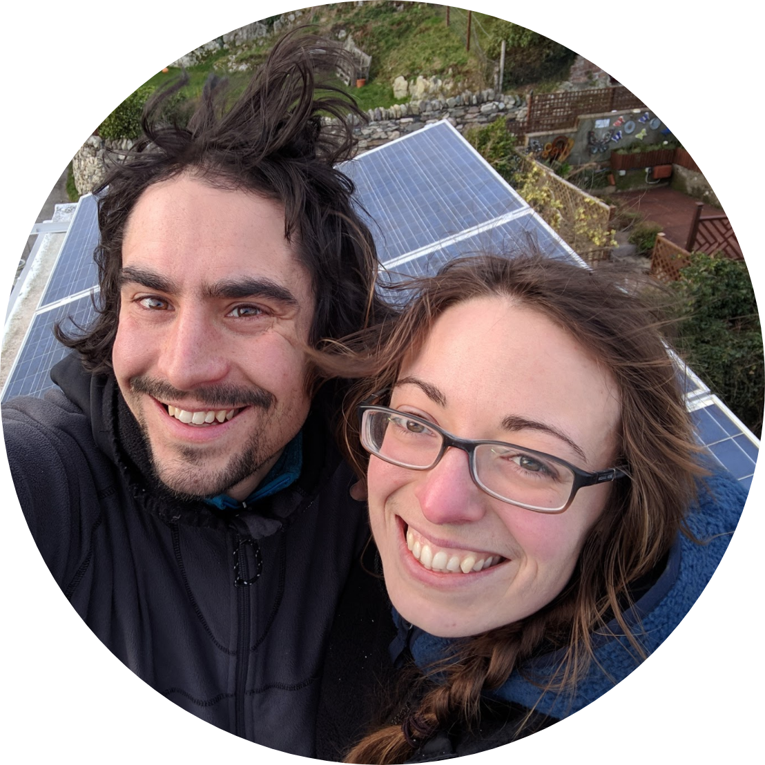 An image of Glyn and Amy in front of their solar panels