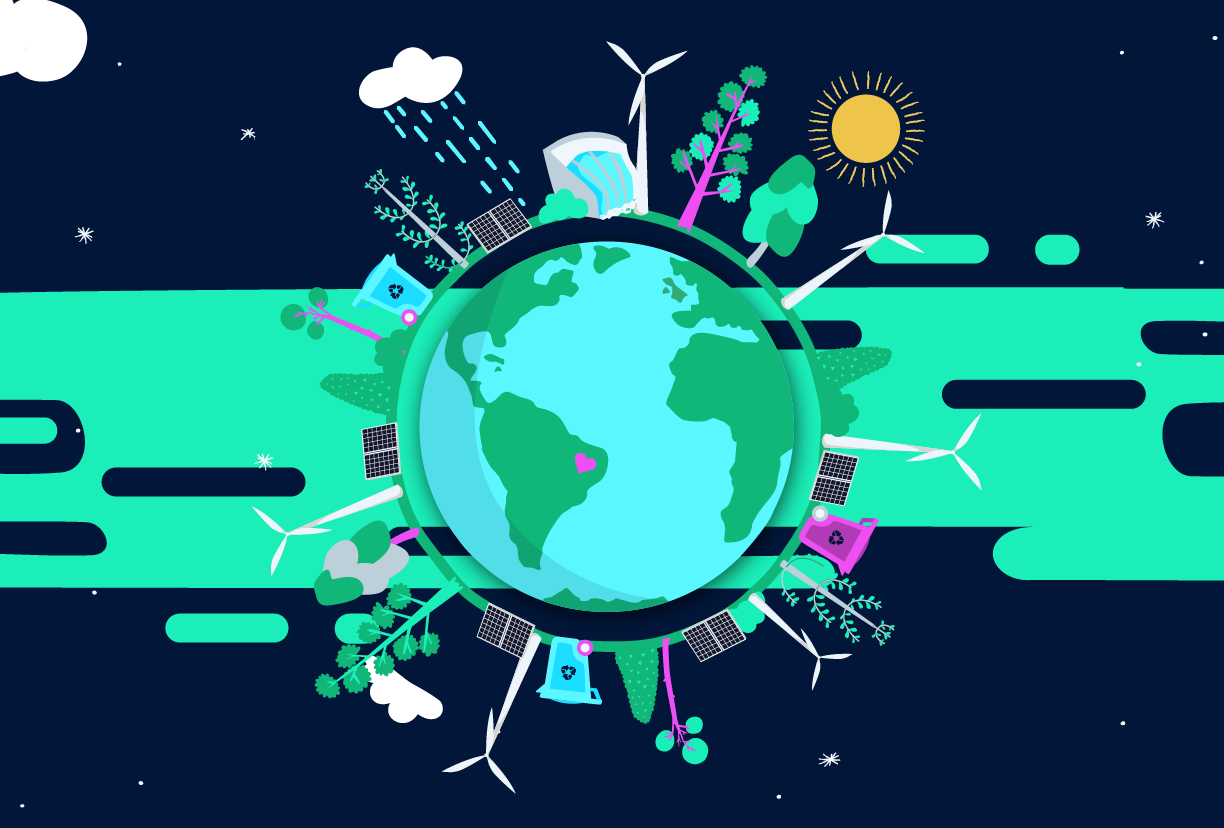 An image of the world surrounded by wind turbines and other green tech