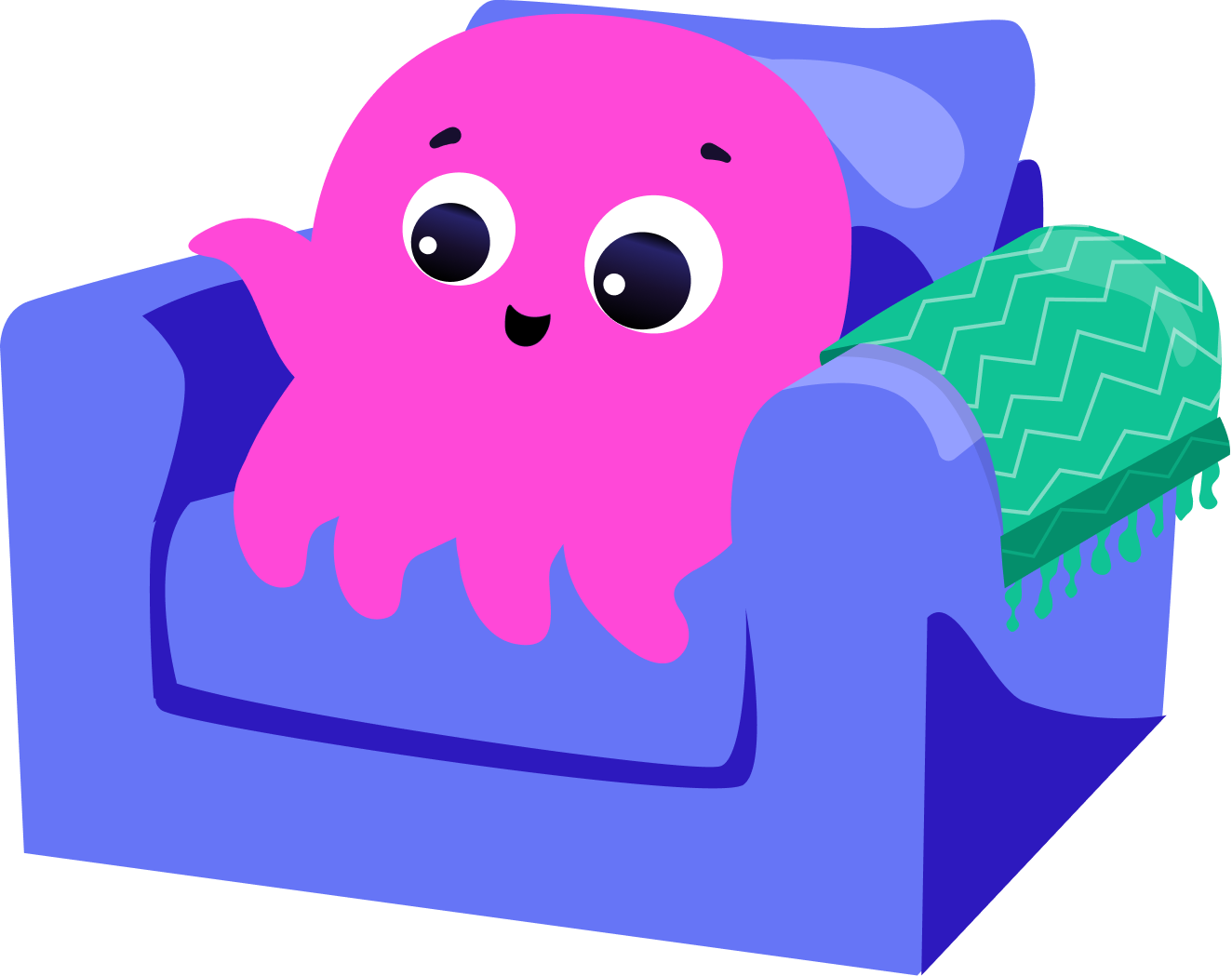 Constantine the pink Octopus sitting on a purple sofa next to a bright green plant, drinking a cup of tea
